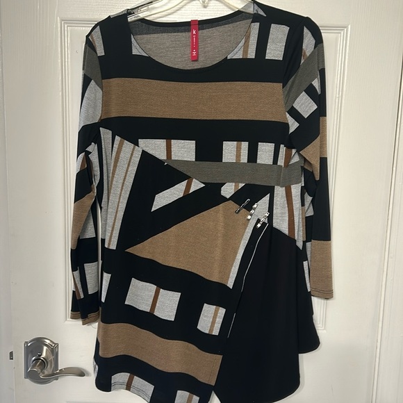 IC Connie K Top Shirt Tunic M black, brown Artisan asymmetrical Abstract top - Picture 2 of 8